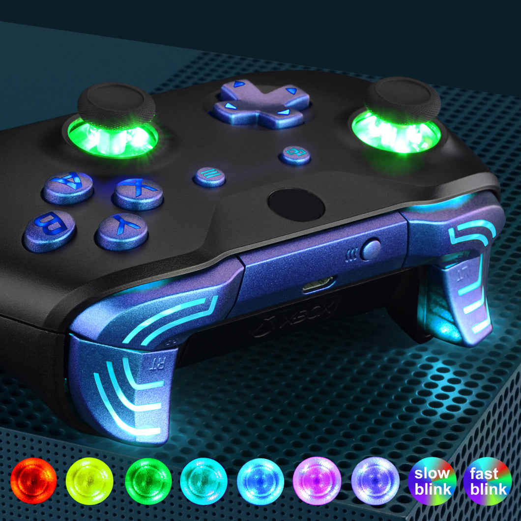 Matte UV Chameleon Blue Purple Multi-Colors Luminated Dpad Thumbsticks Start Back ABXY Action Buttons, Classic Symbols Buttons DTFS (DTF 2.0) LED Kit For Xbox One S/X Controller-X1LED05