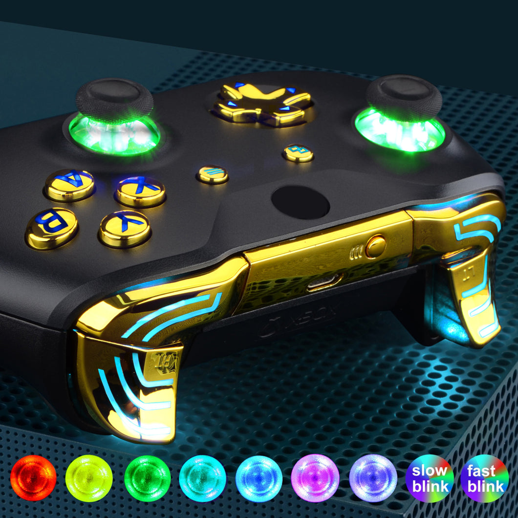 Glossy Chrome Gold Multi-Colors Luminated Dpad Thumbsticks Start Back ABXY Action Buttons, Classic Symbols Buttons DTFS (DTF 2.0) LED Kit For Xbox One S/X Controller-X1LED08
